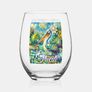 Pelican Bird in Wonderland Floral Personalised Stemless Wine Glass