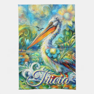 Pelican Bird in Wonderland Floral Personalised Tea Towel
