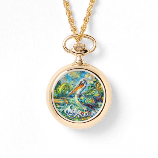 Pelican Bird in Wonderland Floral Personalised Watch (Front)