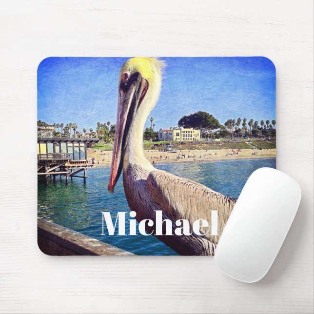 Pelican Bird Ocean Beach Pier Photo Custom Name Mouse Pad (With Mouse)