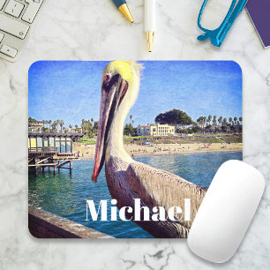 Pelican Bird Ocean Beach Pier Photo Custom Name Mouse Pad