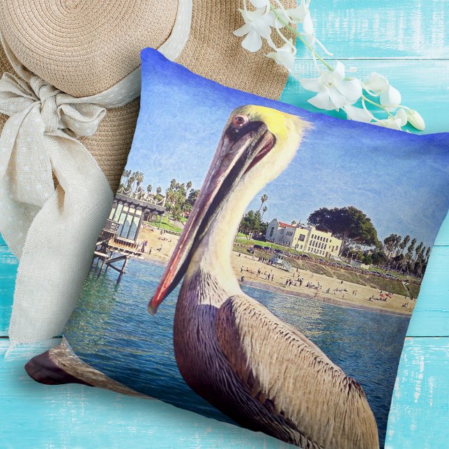 Pelican Bird Ocean Beach Pier Photo Modern Bold Cushion (Creator Uploaded)