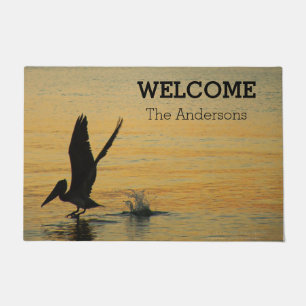 Pelican Bird Taking Flight At Sunset Florida Ocean Doormat