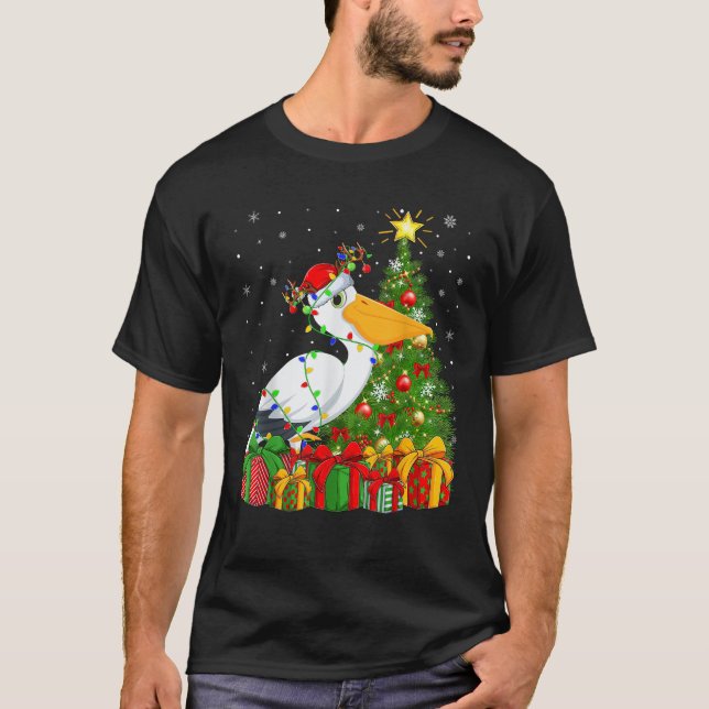 Pelican Bird Xmas Tree Lighting Santa Hat Pelican  T-Shirt (Front)