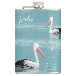 Pelican Couple Paddling Calm Aqua Water add Name Hip Flask