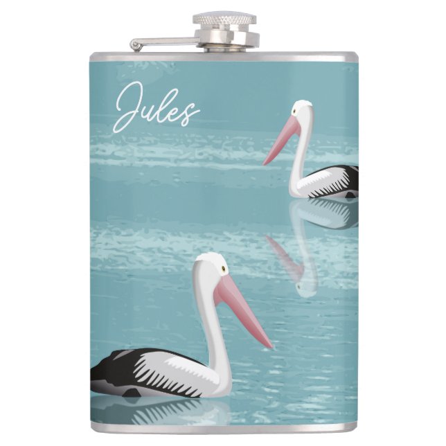 Pelican Couple Paddling Calm Aqua Water add Name Hip Flask (Front)