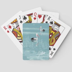 Pelican Couple Paddling Calm Aqua Water add Name Playing Cards