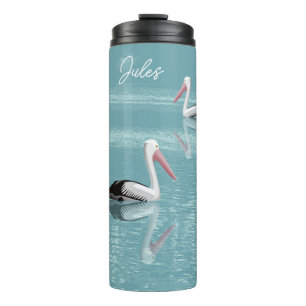 Pelican Couple Paddling Calm Aqua Water add Name Thermal Tumbler