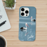 Pelican Couple Paddling Calm Blue Water add Name