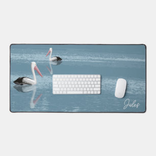 Pelican Couple Paddling Calm Blue Water add Name Desk Mat