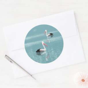 Pelican Couple Paddling on Calm Aqua Water Classic Round Sticker