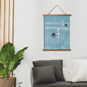 Pelican Couple Paddling on Calm Aqua Water Hanging Tapestry