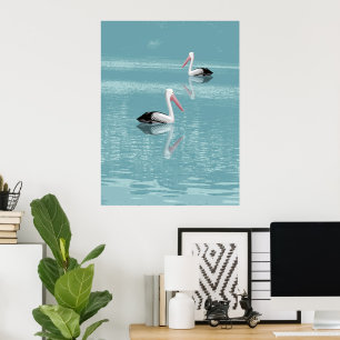 Pelican Couple Paddling on Calm Aqua Water Poster