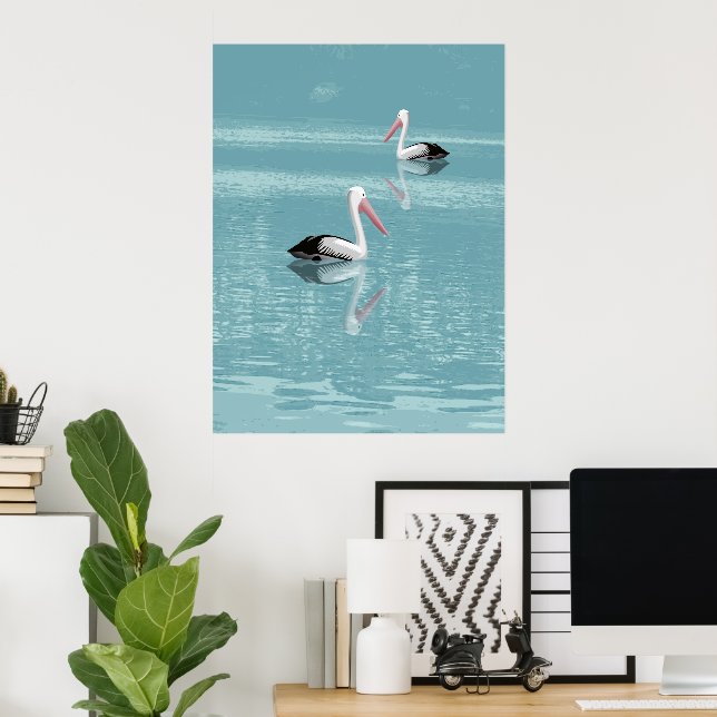 Pelican Couple Paddling on Calm Aqua Water Poster (Home Office)