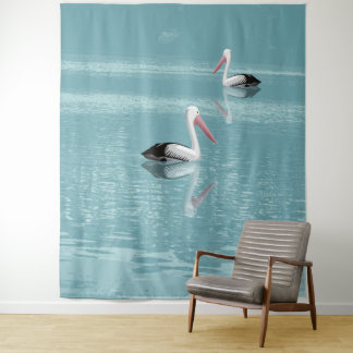 Pelican Couple Paddling on Calm Aqua Water Tapestry
