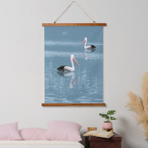 Pelican Couple Paddling on Calm Blue Water Hanging Tapestry
