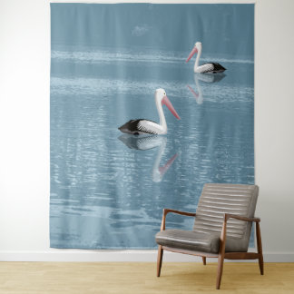 Pelican Couple Paddling on Calm Blue Water Tapestry