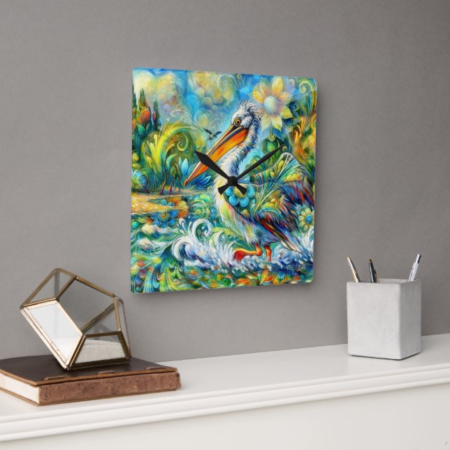 Pelican in Wonderland Floral Green Blue Yellow Square Wall Clock (Office)