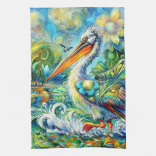 Pelican in Wonderland Floral Green Blue Yellow Tea Towel