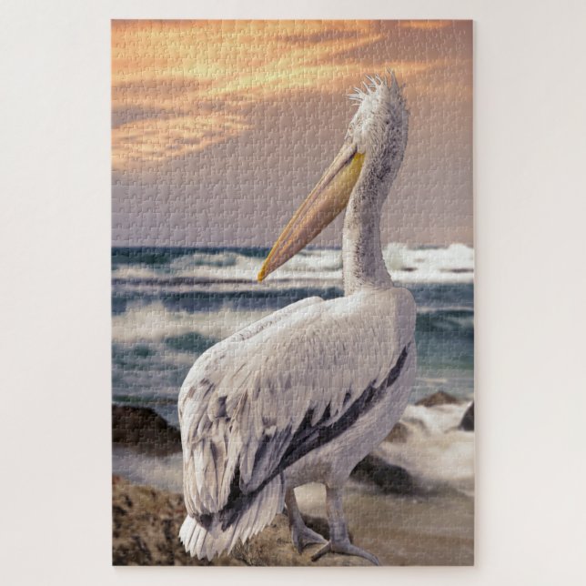 Pelican Ocean Beach Waves Sunset Jigsaw Puzzle (Vertical)