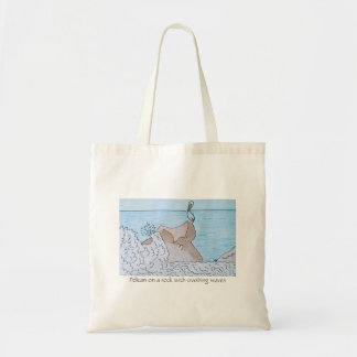 Pelican on a rock with crashing waves tote bag