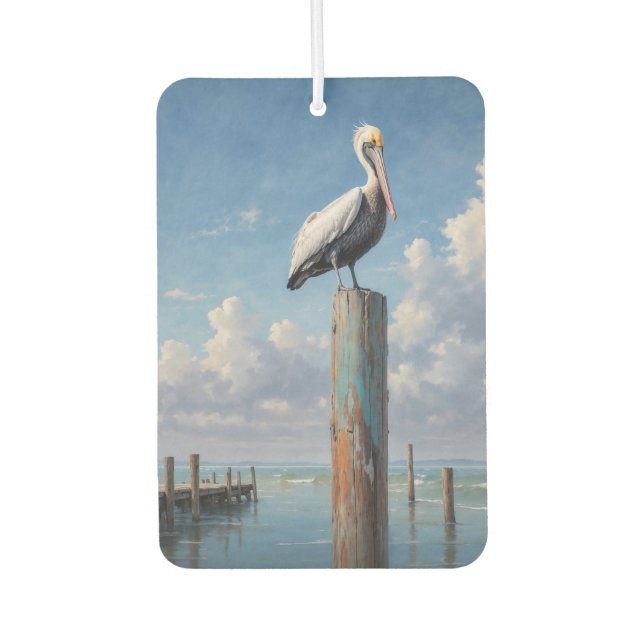Pelican on a weathered dock pole car air freshener (Front)