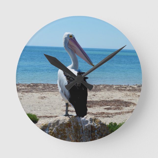 Pelican On Beach Rock, Round Clock (Front)