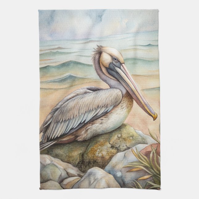 Pelican on the Beach Tea Towel (Vertical)