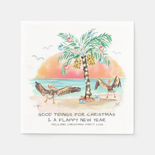 Pelican Palm Tree Funny Tropical Christmas Party Napkin (Front)