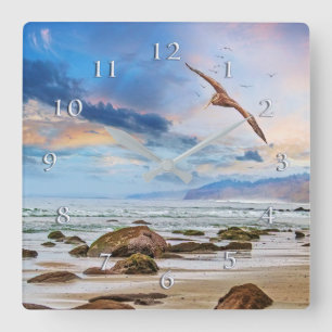 Pelican Patrol Beach Shoreline Square Wall Clock