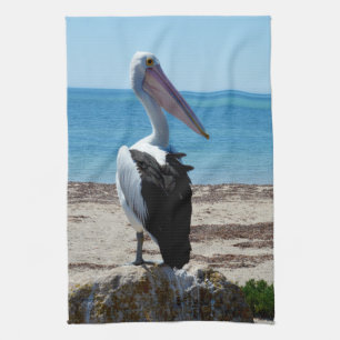 Pelican Perched On A Beach Rock, Tea Towel