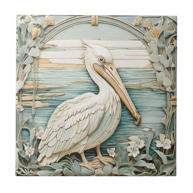 Pelican Sea Bird Art Nouveau Faux R Relief Mint Ceramic Tile (Front)