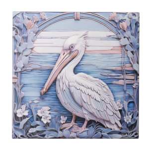 Pelican Sea Bird Art Nouveau Faux Relief Left Blue Ceramic Tile