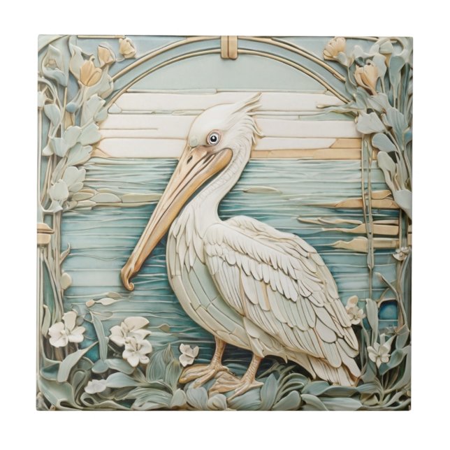 Pelican Sea Bird Art Nouveau Faux Relief Mint Ceramic Tile (Front)