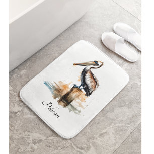 pelican standing on a pole watercolor customisable bath mat