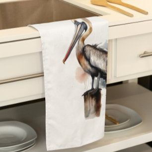 pelican standing on a pole watercolor tea towel