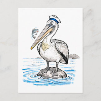 Pelican Standing Proud on Rock Ink Illustration Postcard