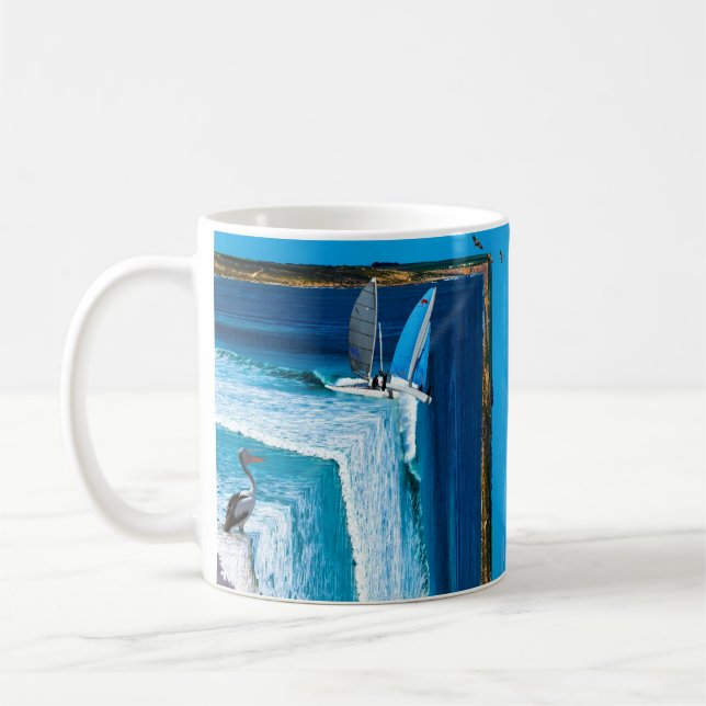 Pelican Watching A Sail Boat, Coffee Mug (Left)