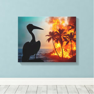 Pelican Watching Tropical Wildfire Canvas Print