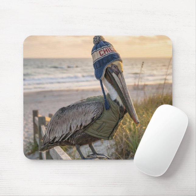 Pelican Wearing a Winter Hat Mouse Pad (With Mouse)