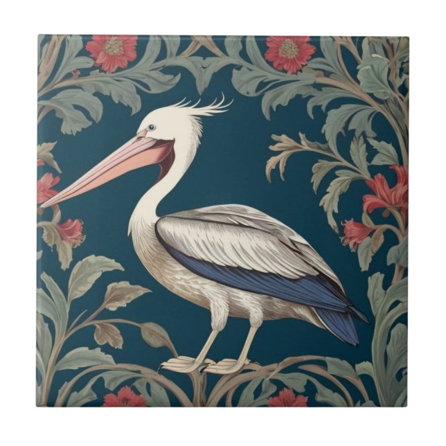Pelican William Morris style Left Sea Marine Bird Ceramic Tile (Front)
