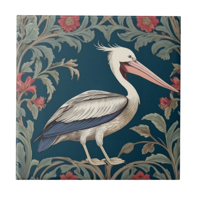 Pelican William Morris style Right Sea Marine Bird Ceramic Tile (Front)