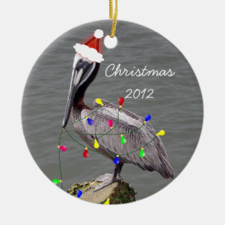Pelican with Christmas Lights Ceramic Ornament