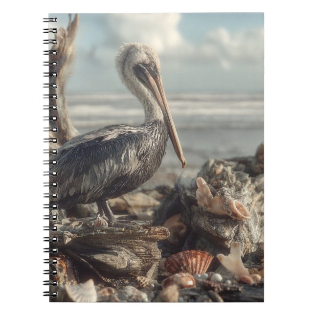 Pelican with Seashell Shore Notebook (Front)