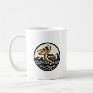 Pelican Woodcut Coastal Art Round Mug