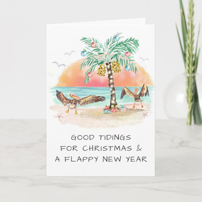 Pelicans and Palm Tree Beach Coastal Christmas  Holiday Card (Front)