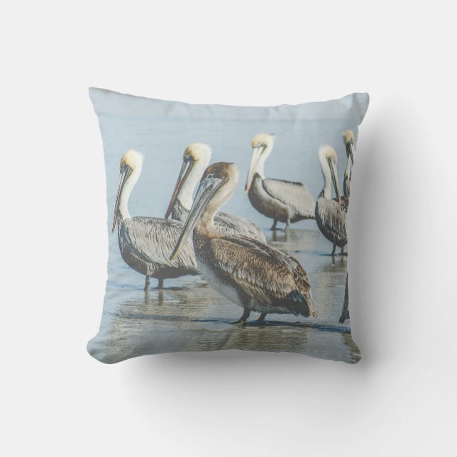 Pelicans Beach Ocean Blue Outdoor Throw Pillow (Front)
