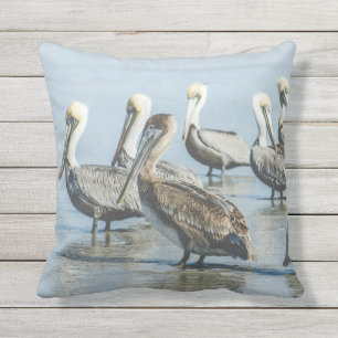 Pelicans Beach Ocean Blue Outdoor Throw Pillow