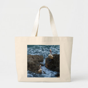 Pelicans On Sea Rocks, Large Tote Bag