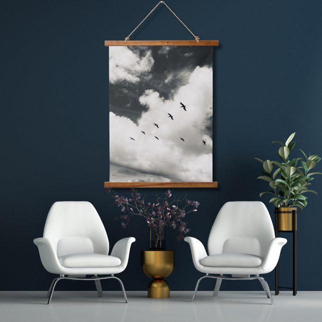 Pelicans over Beach in Grayscale Hanging Tapestry (Creator Uploaded)